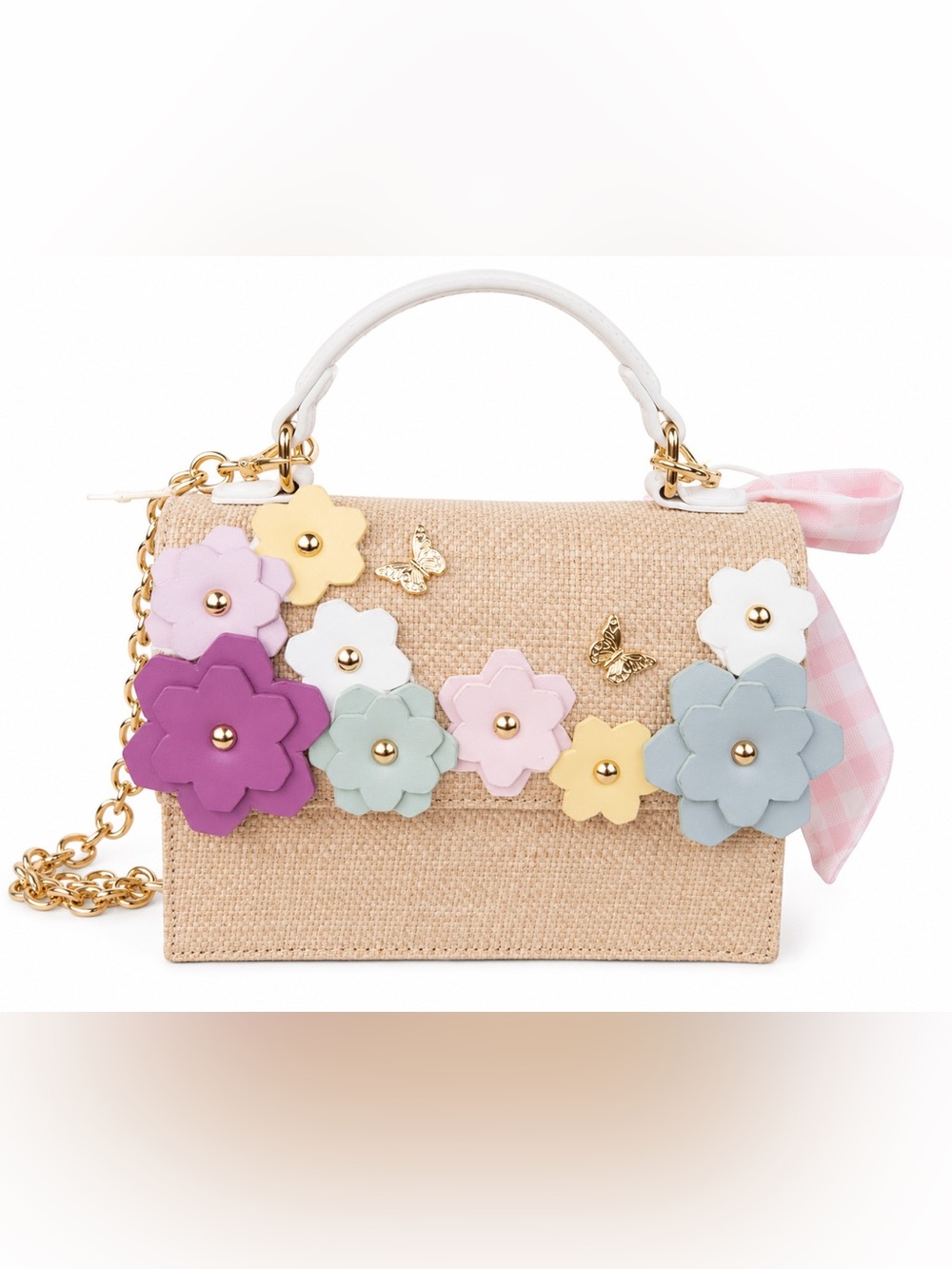 Betsey Johnson Pastel Floral Straw Satchel with Gold Chain
